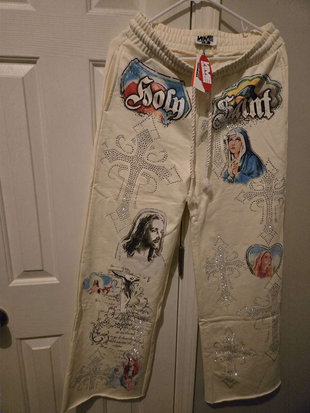 Vintage Holy Print Embellished Cream Sweatpants With Rhinstones Beautful  Pants